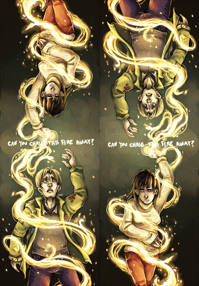 Two figures, a light-haired man in a green coat and a dark-haired girl in a white turtleneck, stand at opposite ends of the image, top and bottom. They are reaching upwards towards each other, with a swirl of fire connecting them. Between them are the words "Can you chase this fire away?"