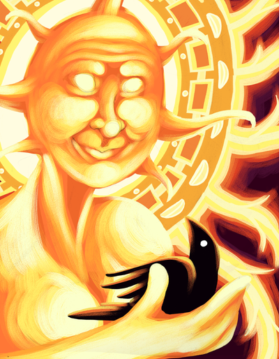 A stylized humanoid being with the head of an old-timey illustrated sun holds a black bird in its hands. It is smiling fondly down at the bird.