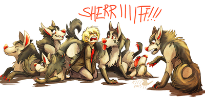 A tomboyish girl is kneeling on the ground, surrounded by an absurd number of large wolflike dogs. She is angrily yelling at the sky, "SHERRIIIIIIIIIFF!"-- presumably at the person who is responsible for this dogpocalypse.