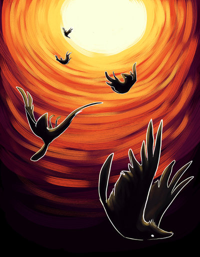 A black bird plummets downwards (seen in four different poses), falling from bright light and into darkness.