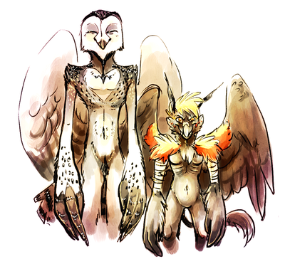 Two bipedal bird monsters stand next to each other. The one on the left is a tall, slender figure with the markings and head of a gray barn owl. He is smiling cheerfully. The one on the left is a crowlike creature with long shaggy arms and a wolflike tail. She is grinning mischievously.