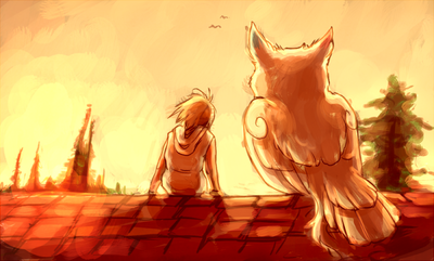 A loosely colored picture showing a girl on a rooftop sitting beside a large white bird. They're looking towards the sunset. Wow, is it just me, or do I draw a lot of people sitting and looking at sunsets?