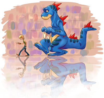 A tomboyish girl strolls through the aisle of a supermarket (implied by loosely-painted shelves full of blobs of color), looking at a list. Behind her, an enormous bipedal blue lizard with red spikes and crooked tail follows. He is delicately holding two tiny grocery bags in his enormous hands and looks worried.