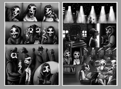 Two consecutive pages of a black-and-white comic, featuring humans with animal skulls for heads. A girl with a cat skull spots a man with an owl skull in a crowd of "normal" people. The pair greet each other, and then the owl man leads her to a library. Within the library, other animal-skulled people are gathered around a table.