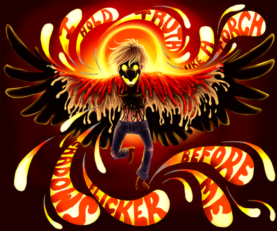 A humanoid figure being overtaken by a paintlike substance in black, red, and yellow, spreads birdlike wings. Its face has become just two eyes and a beaklike mouth, all glowing. Behind its head is a sun-like halo. The words "I HOLD TRUTH LIKE A TORCH, SHADOWS FLICKER BEFORE ME" burst from it in fiery, stylized word bubbles.
