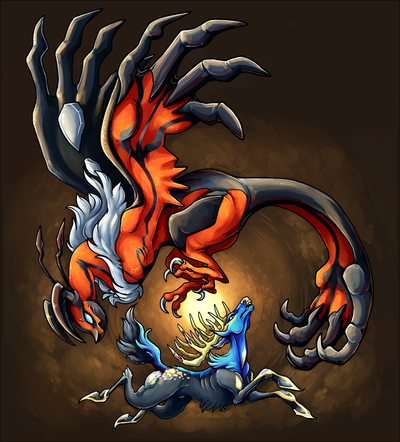 An illustration featuring two Pokemon in poses vaguely resembling yin and yang. In the top of the image, Yveltal (a dragonlike bird with red and white skin, a ruff of gray feathers around its neck, and a long tail that resembles a clawed hand). At the bottom, Xerneas (a smaller creature resembling a blue and black deer, bearing a rack of large golden antlers).