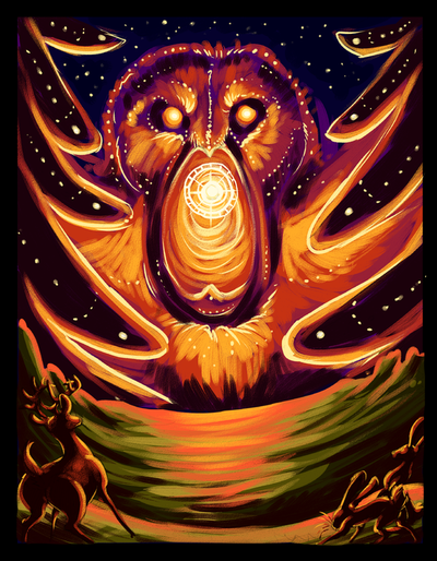 Woodland animals such as deer and rabbits cower in the foreground, looking across a valley at an enormous cosmic monster that resembles an owl. The monster is opening its mouth extremely wide, about to swallow the sun.