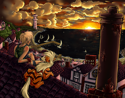 An illustration featuring a girl and a doglike creature sitting on a shingled rooftop and looking out towards the horizon. Spreading out below them are more buildings and a large harbor, with a lighthouse visible off in the distance. The sun is setting.