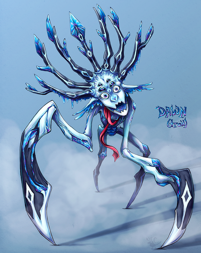 A mantis-like creature made of pale blue crystal approaches the viewer. Its face has six eyes and opens up into a jagged mouth with the interior of a geode. Long antlers spring from its head. It is wearing a long red scarf around its neck. Text next to it reads "Dawn (troll)"