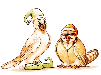 Two pigeons stand next to each other. Both are wearing santa hats, but one looks absolutely disgusted with this. The other is delighted, and is also wearing whimsical green shoes with bells on.
