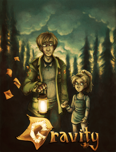 A tired-looking man and a young girl stand in front of dark pine trees. In one hand the man holds a lantern, and with the other he holds the girl's hand. Below them is the word "Gravity", written on tattered pieces of red-orange cloth that appear to be peeling away from the man's coat.