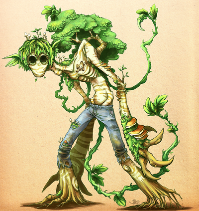 A tall, skinny humanoid figure made of birch wood. It is wearing torn and filthy jeans, and many parts of its body are covered in moss and mushrooms. A full tree bough with foliage is growing from its back, with twisting, thorny vines extending from it like tentacles. The only features on its face are a pair of hollow circles for eyes. It stares at the viewer, but seems like it might be more scared of them than they are of it. A heart with an arrow is carved into its chest.