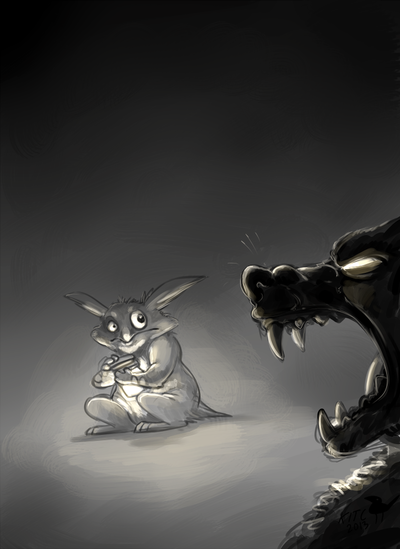 In the foreground, a glowing-eyed wolf's head is visible, baring its teeth in rage at a smaller, more whimsical figure in the background. The smaller figure is a squat, Furby-like creature with googly eyes, looking perturbed and holding a small glowing jar tightly to its chest.