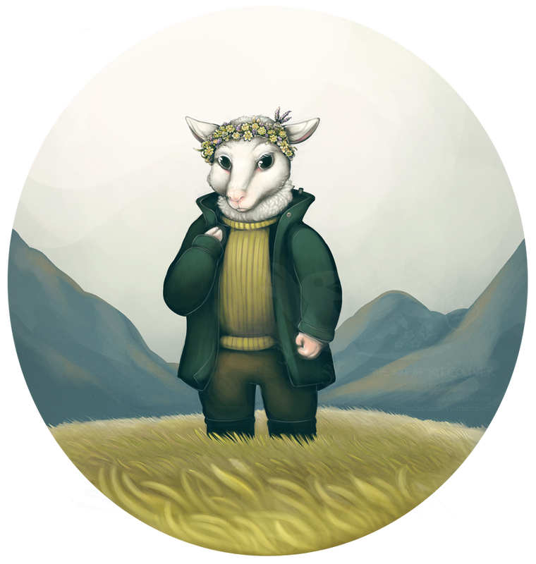A small child with the face of a white lamb stands in a field of yellow grass. She is wearing a cable-knit sweater, a dark-green coat, and a flower crown. One human hand rests at her side, while the other, a tiny hoof, is raised to her chest. Behind her are distant mountains and a gray sky.