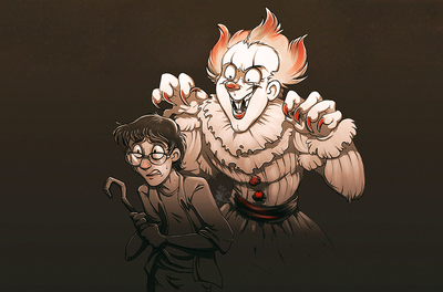 A young boy with glasses, holding a bent piece of metal pipe, stares fearfully into darkness. Behind him, Pennywise the clown from It (2017) looms with a deranged grin.