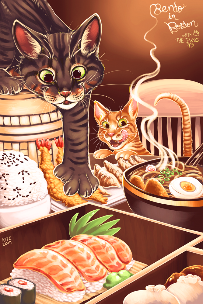 A brown tabby cat with polydactyl paws explores a table laden with Japanese dishes like udon, tempura, and gyoza. Behind him, an orange tabby cat is starting to climb onto the table, happily licking its chops.