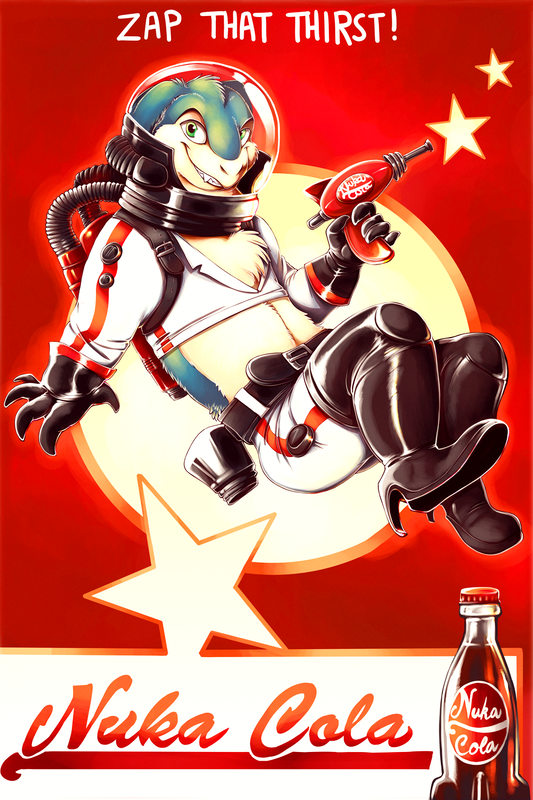 A parody of an ad for Nuka Cola (Fallout), featuring a Pokemon (Typhlosion, a blue-and-yellow badger-like creature) wearing the red, white, and black space suit and holding a ray gun instead of the usual pinup girl. It floats in front of a large circle and is surrounded by stylized stars. At the top of the image there is text reading "Zap that thirst!" At the bottom of the picture, there is cursive text reading "Nuka Cola", accompanied by an illustration of a glass bottle containing, presumably, Nuka Cola.