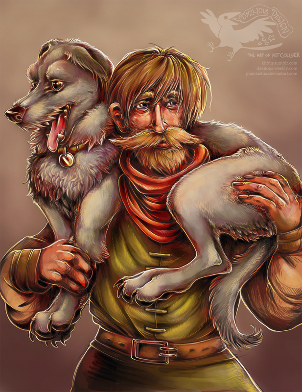 An old man with blond hair, an unkempt bear and mustache, and a weathered face holds a large dog on his shoulders. The dog is a gray wolfhound wearing a simple collar. It is calm and content to be held by its master.