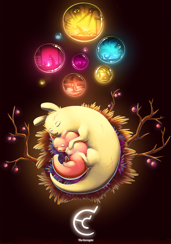 A small fantasy creature sleeps in a nest, curled around a smaller, baby creature of the same species. The larger one has visible scars and signs of a hard life. Above them, colorful bubbles depicting the pair's adventures and survival float in a cluster.  Below them are the words "The Surrogate" and an abstract symbol that loosely resembles the shape that the pair of creates create when curled together.