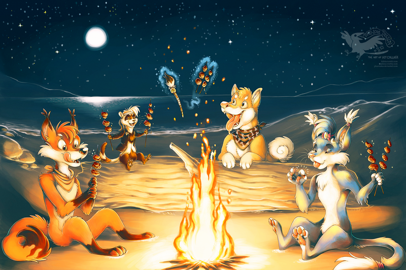 Four animal characters (a fox, a ferret, a shiba inu dog, and a blue-and-white cat sit around a fire. They are on the beach at night, with a large driftwood log and the moonlit ocean visible behind them. A magical floating paintbrush hovers in the air between them and uses sparkly magic powers to hand out skewers of cooked food for them to share.