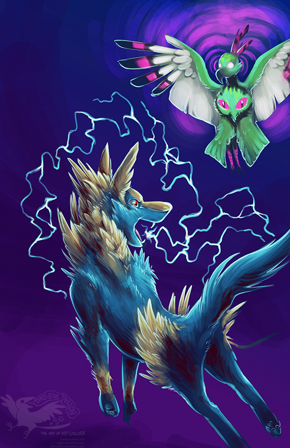 An illustration of a Pokemon battle. In the foreground, Manectric (a blue and yellow doglike creature) emits zig-zagging electricity from its jaws. In the background, Xatu (a brightly-colored bird with eerie eye-like markings on its wings) flies upwards, radiating waves of purple psychic energy.