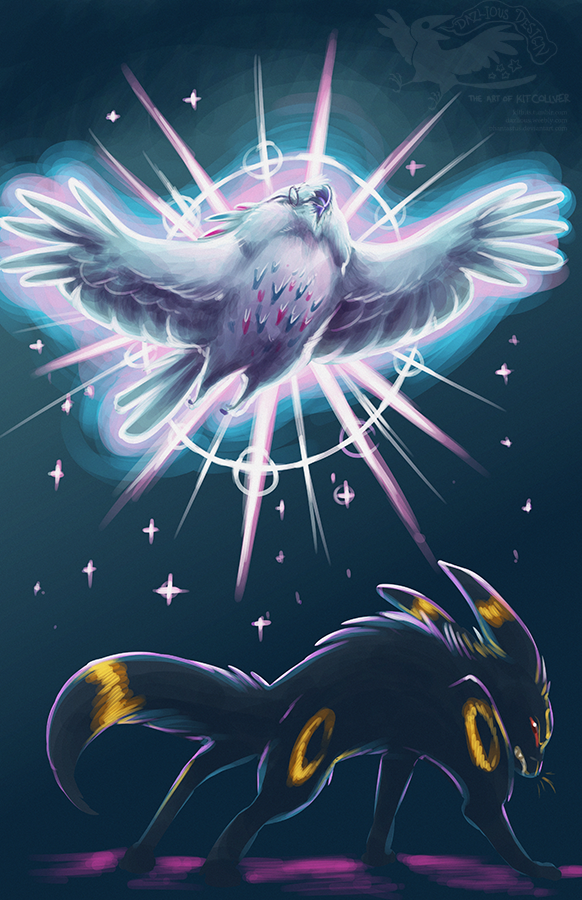 An illustration of a Pokemon battle. Togekiss (a large white birdlike creature) flies through the air, emitting a brilliant white glow. Umbreon (a black foxlike creature with glowing yellow ring markings on its tail, ears, and legs) stands defensively below, growling.