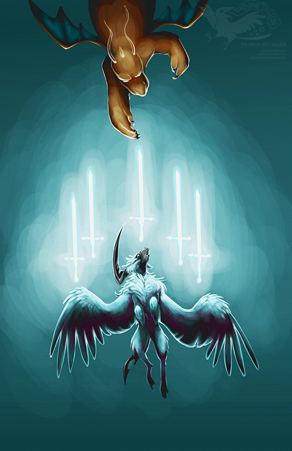 An illustration of a Pokemon battle. Dragonite (a brown dragon with blue wings) dives downwards towards Absol (a white mammalian creature with a sharp black horn and feathery wings) rises to meet it with an array of glowing white swords made of light.