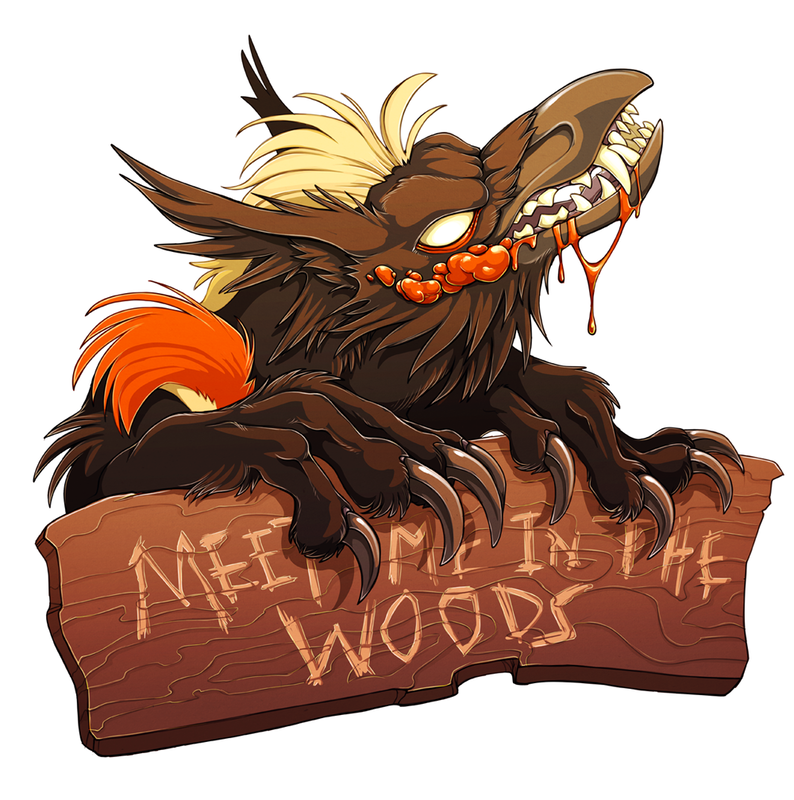 A monstrous birdlike creature leans over a larch plank of wood, baring wolflike teeth. It is covered in smoky black feathers with accents of red and yellow. Red growths cover part of its face, and red liquid drips from its beak. The wood plank has the words "MEET ME IN THE WOODS" carved into it.