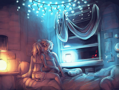 Two androgynous young adults sit on a bed, leaning into one another in a kiss. The room is lit by blue fairy-lights and a golden lamp, giving it a magical atmosphere.
