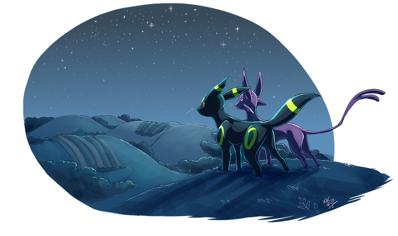 An illustration featuring two Pokemon, an Umbreon (a black foxlike creature with red eyes and gold ring markings) and an Espeon (a purple foxlike creature with tall ears and a long, thin forked tail). They stand atop a hill, looking out across rolling fields and a star-lit sky.