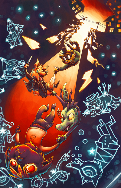 Four animal characters (a cat, an alligator, a fox, and a bear) cling to one another as they fall downwards in a shaft of red light originating from stylized cracked earth above, where buildings are silhouetted. Glowing blue constellations float in the darkness on either side of the falling animals.