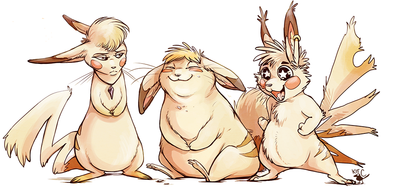 Three different Pikachus (yellow, rabbitlike creatures with bright red cheeks and zigzag tails) sit in a row. From left to right, there is a slender one with a large poof of fur between its ears, an extremely rotund one covered in crumbs and looking content, and a scruffy, wild-looking one with starry eyes and a little hoop earring.