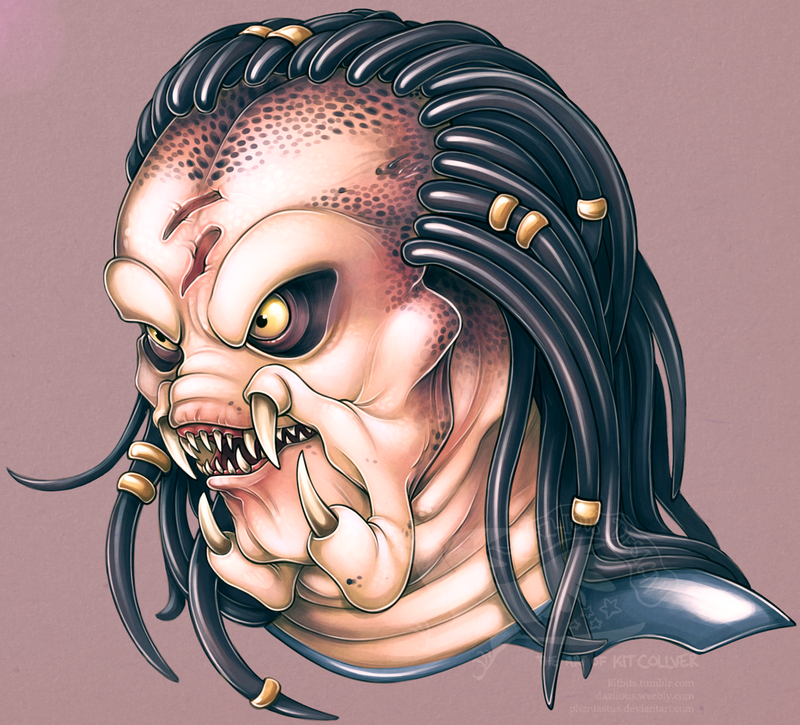 A menacing alien creature with sunken yellow eyes, sharp teeth, and sharp insect-like mandibles on either side of its mouth. It has shiny "hair" similar to dreadlocks.