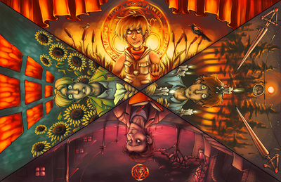 A full-color illustration split into four triangular sections. 
The TOP section features an adolescent girl with scruffy blond hair and a vest. She is wearing a determined expression. Behind her head is a circular, glowing halo filled with mysterious symbols. In the background there are cattails with two birds perching on them (a wren and a red-winged blackbird), with red curtains hanging above. 
In the RIGHT SECTION is a brown-haired man with a fearful expression. He is covered in melting wax candles. Behind him are pine trees lit from behind by a sunset. Above him are two ornate swords with a medallion hanging between them. 
In the LEFT section is a blonde man wearing an expression of distress, with tears flowing from his eyes. He is clutching a crumpled piece of paper. Behind him are sunflowers and nine flat red squares.
The BOTTOM SECTION features a brown-haired man holding a book and wearing a serene expression. A strange red symbol hangs above his head. Behind him is an empty street lined with trees and buildings, including a church. The sky is pink as though close to sunrise.
