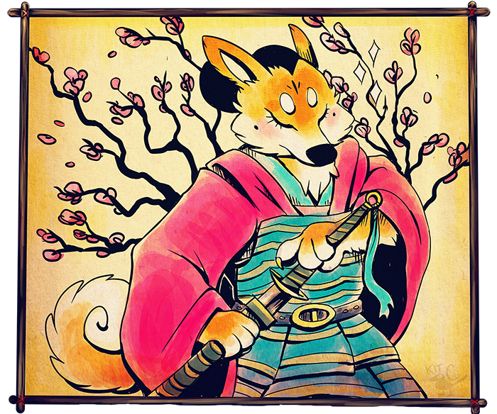 A stylized depiction of an anthropomorphic dog wearing brightly-colored armor reminiscent of feudal Japan. She is unsheathing a sword, her eyes shut in concentration. Behind her, cherry blossom branches bloom outwards.