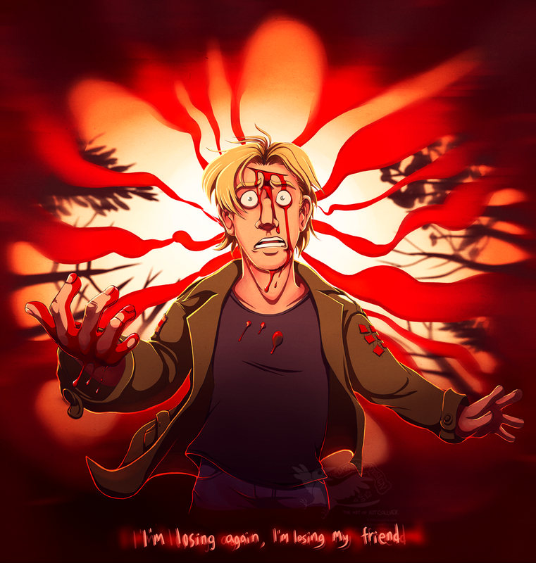 A man with blond hair wearing a jeans, a black shirt, and a green jacket stands facing the viewer. His expression is terrified, and there is a cut on his forehead from which blood is flowing down his face and onto his outstretched hand. Trails of squiggly red smoke branch from the edges of the picture towards his head. Through them, blurry trees and an orange sky are visible. At the bottom of the image are the words "I'm losing again, I'm losing my friend."